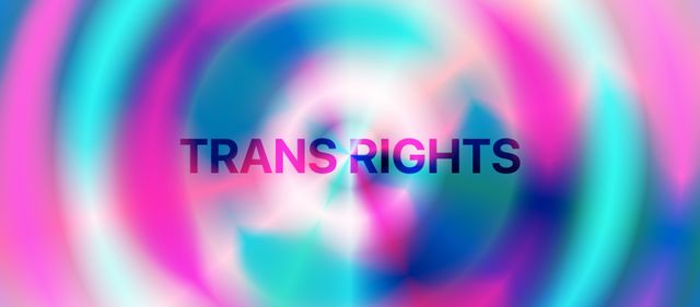 Trans Rights in all-caps
on blurry radial/conic tie-dye-like splash
of pinks, blues, and whites