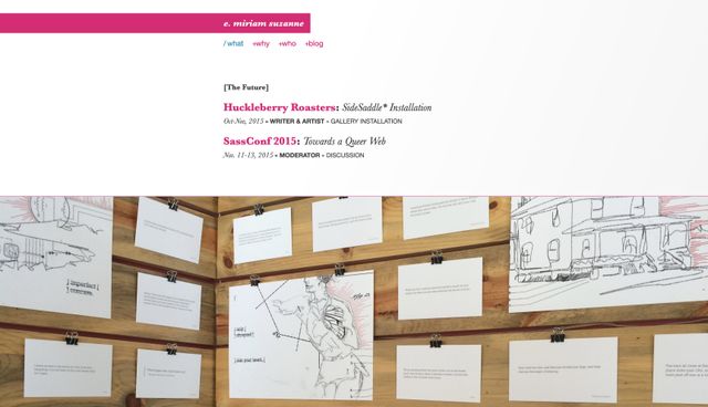 Black-and-pink Baskerville
in a centered column
on a white background.
The nav is what, why, who, blog.
