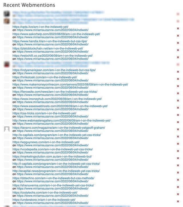 screenshot: Recent Webmentions, and a small-print list of faceless random urls, and a few blurred-out legit mentions