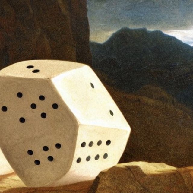 AI generated
big dice-like white boulder
with strange facets and black dots
sitting in a mountain range