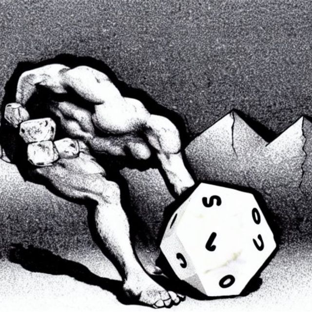 AI generated
black and white, a
muscular body without a head
leans over a large dice
with illegible markings β
there are mountains in the background