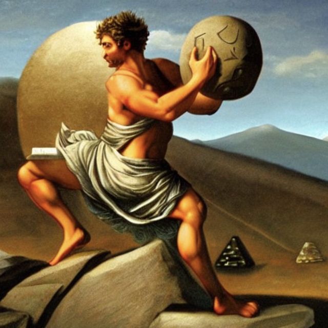 AI generated Sisyphus
awkwardly straddling rocks,
while holding a boulder
carved to be almost dice-like β
there are mountains and maybe more dice
in the background