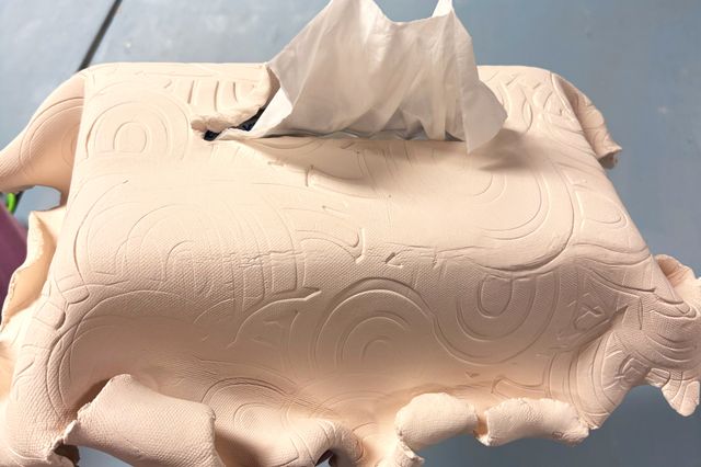A rectangular tissue-box cover in raw unglazed clay that has a circular geometric pattern pressed into it. The opening at the top seems torn and pulled back, with tissues sticking out - and the bottom rim is a torn and rolled edge as though made of draped cloth, or alive like some sort of sea creature
