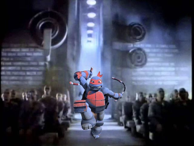 A ninja turtle running towards you
with nunchucks,
in the 1984 Apple commercial